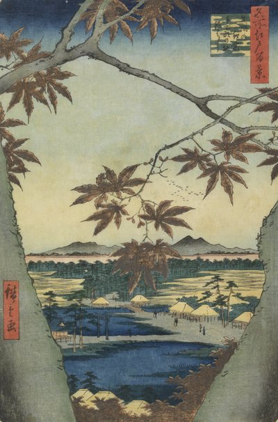 The Maple Leaves of Mama, Tekona Shrine and Tsugi Bridge by Utagawa Hiroshige